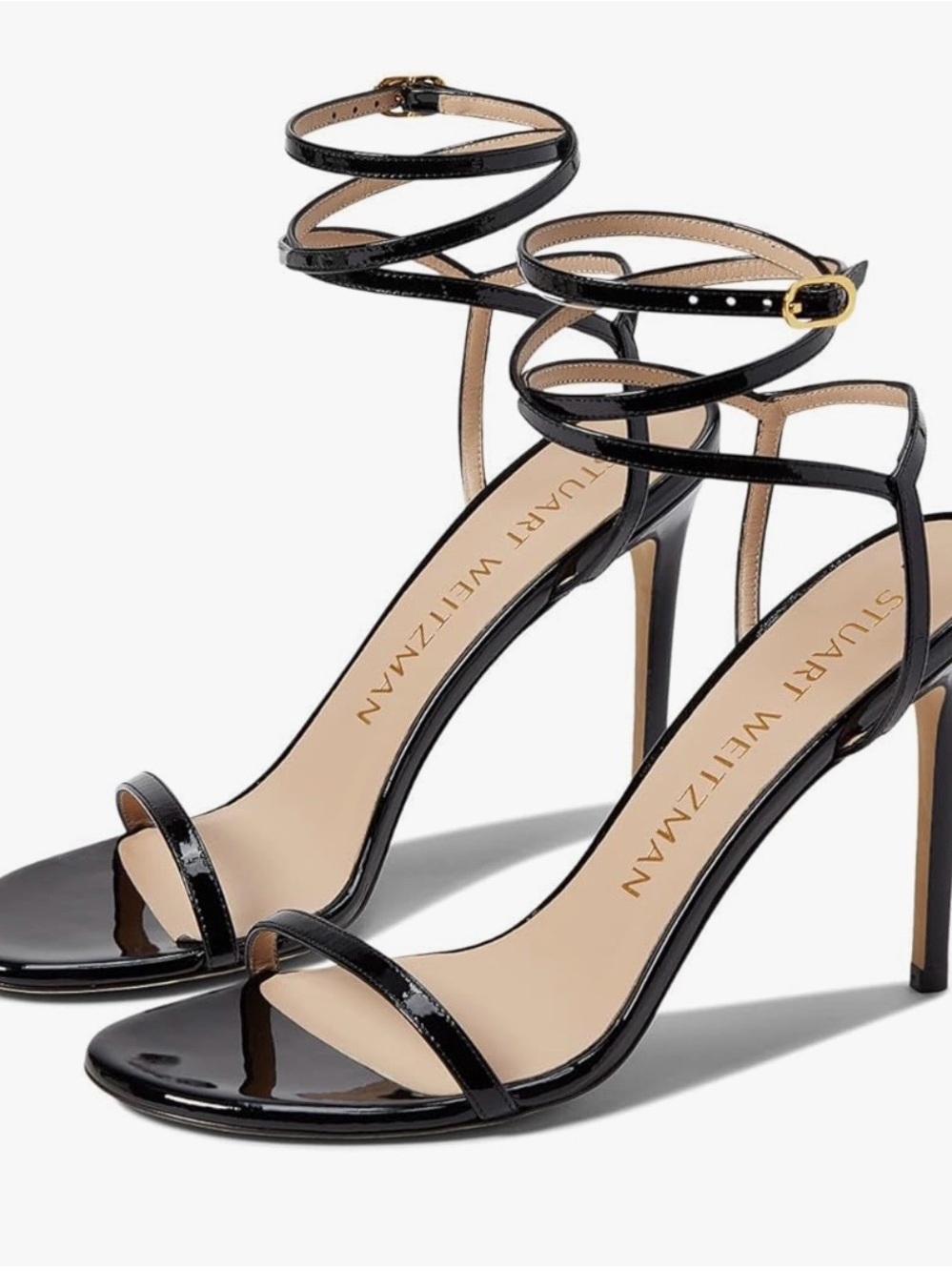 Stuart Weitzman Barelynude Black Patent Leather Ankle-Strap Sandals Sz 9